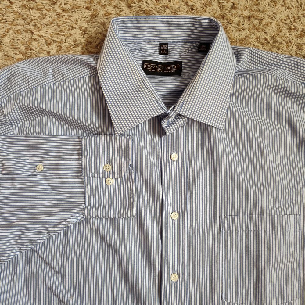 Donald‎ J. Trump Men Sz 18 34-35 Blue White Stripe Long Sleeve Button Up Shirt
